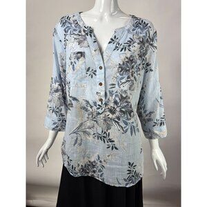 Croft & Barrow Womens Floral 100% Cotton Top With 3/4 Sleeves & Button Front Siz